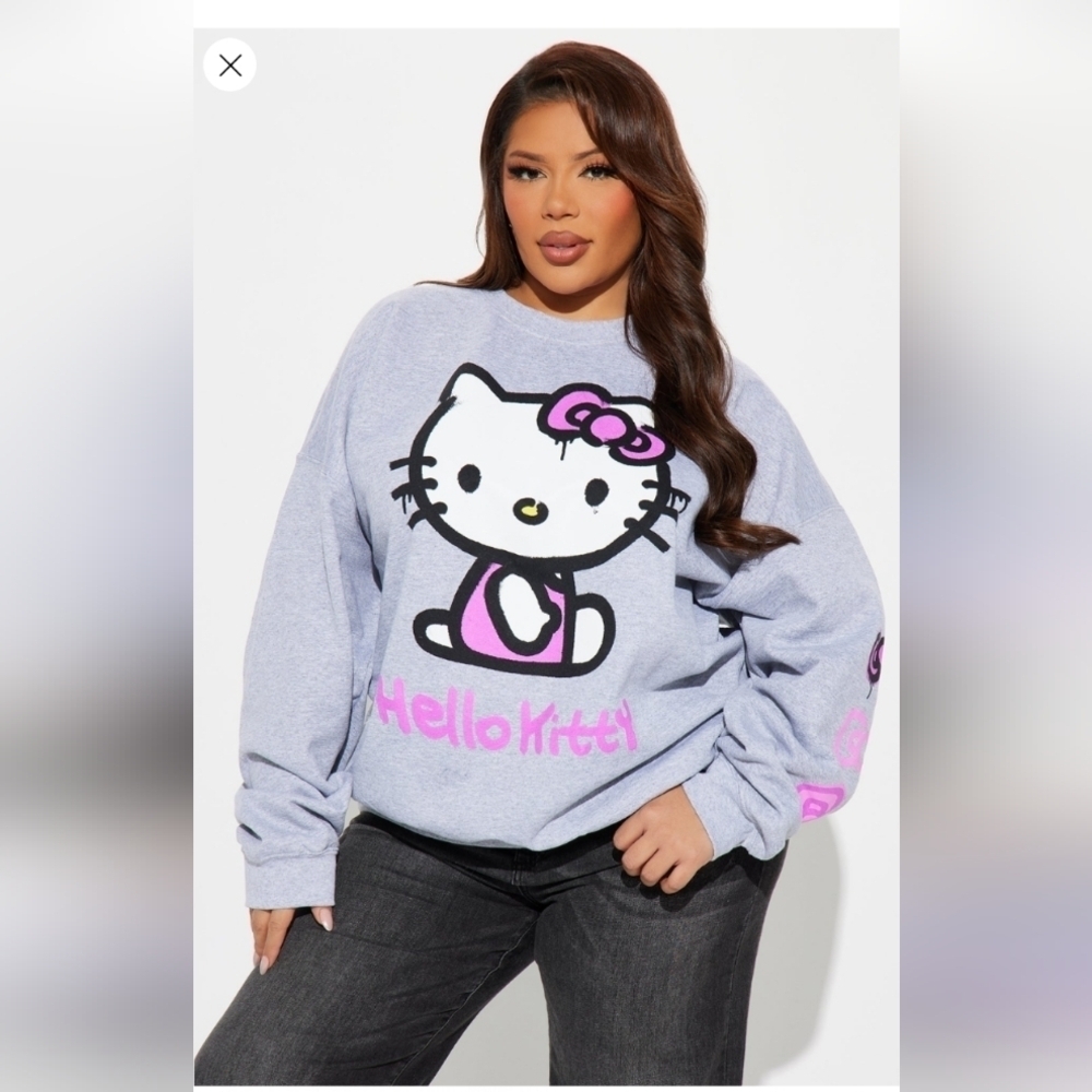 Fashion Nova Hello Kitty Bow Crew Neck Sweatshirt - Heather Grey Size 1X (NWOT)